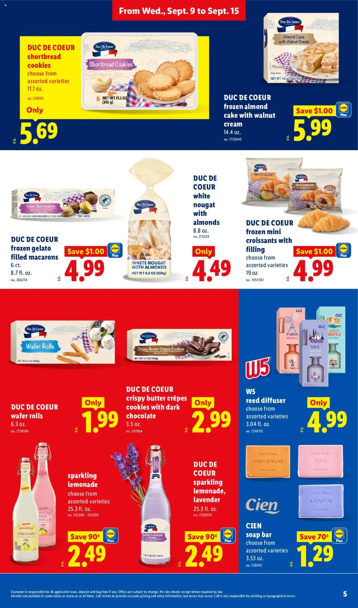 Lidl Weekly Ad, page 5 of 34, valid 09/09/2026 - 09/15/2026 — Lemonade, Sparkling, Wafer Rolls, Filled Macarons