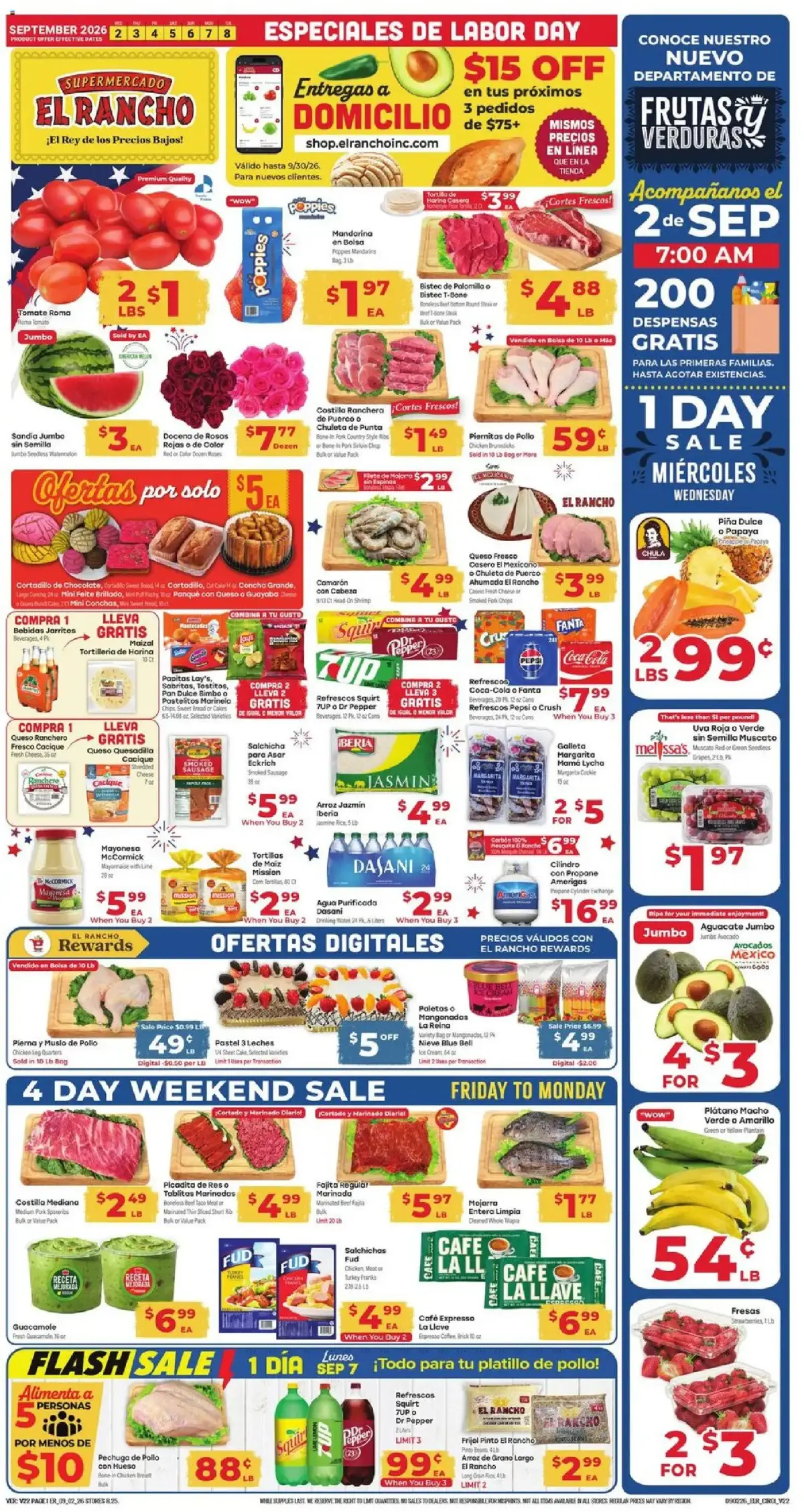 El Rancho Weekly Ad, page 1 of 4, valid 09/02/2026 - 09/08/2026 — Gratis, Pepper, Labor Day, Tomate Roma