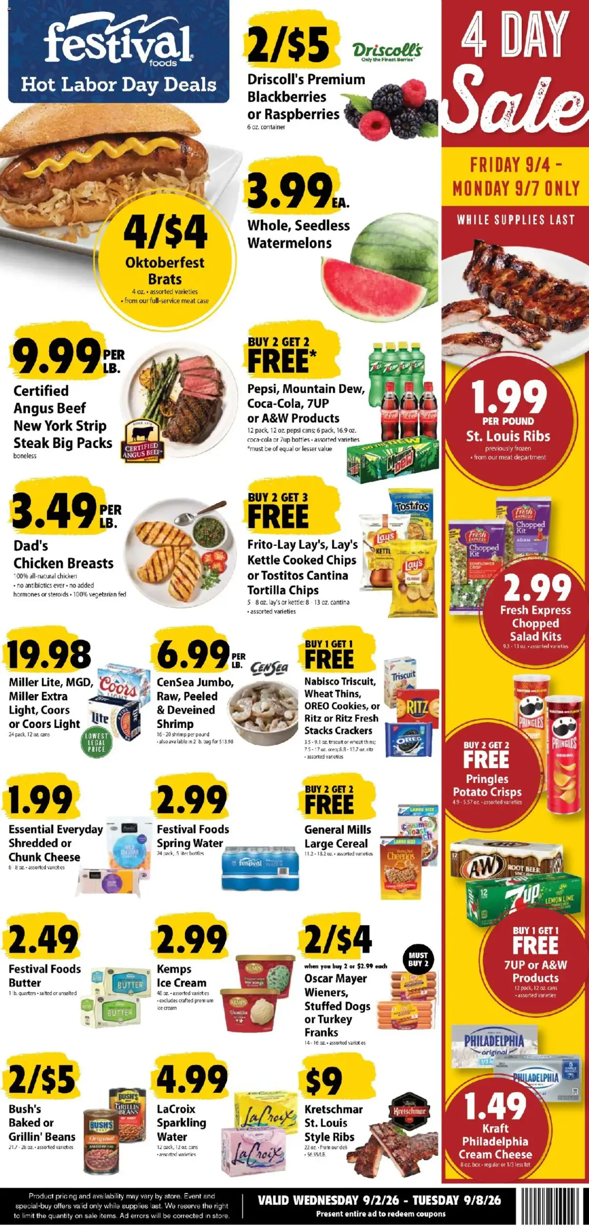 Festival Foods Weekly Ad, page 1 of 10, valid 09/02/2026 - 09/08/2026 — Products, Philadelphia, Ice Cream, Angus Beef