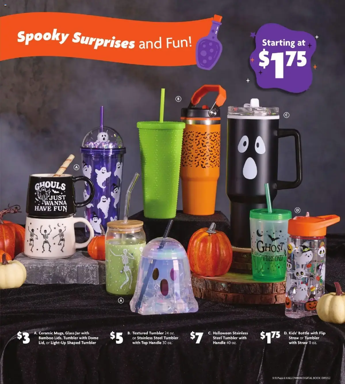 Family Dollar Halloween Book, page 9 of 11, valid 09/08/2026 - 10/31/2026 — Have Fun, Steel Tumbler, Straw Tumbler, Shaped Tumbler