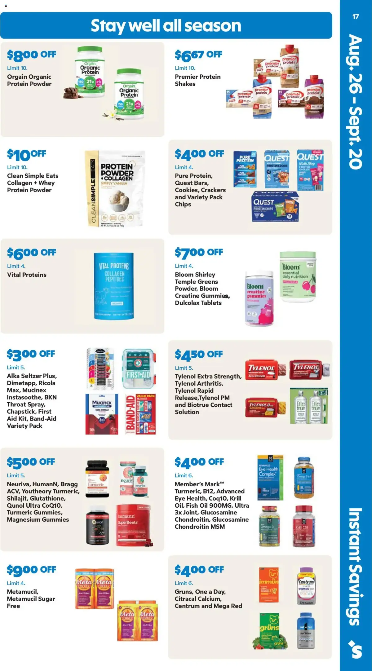 Sam's Club Weekly Ad, page 17 of 44, valid 08/26/2026 - 09/20/2026 — Protein, Quest, Bloom, Collagen