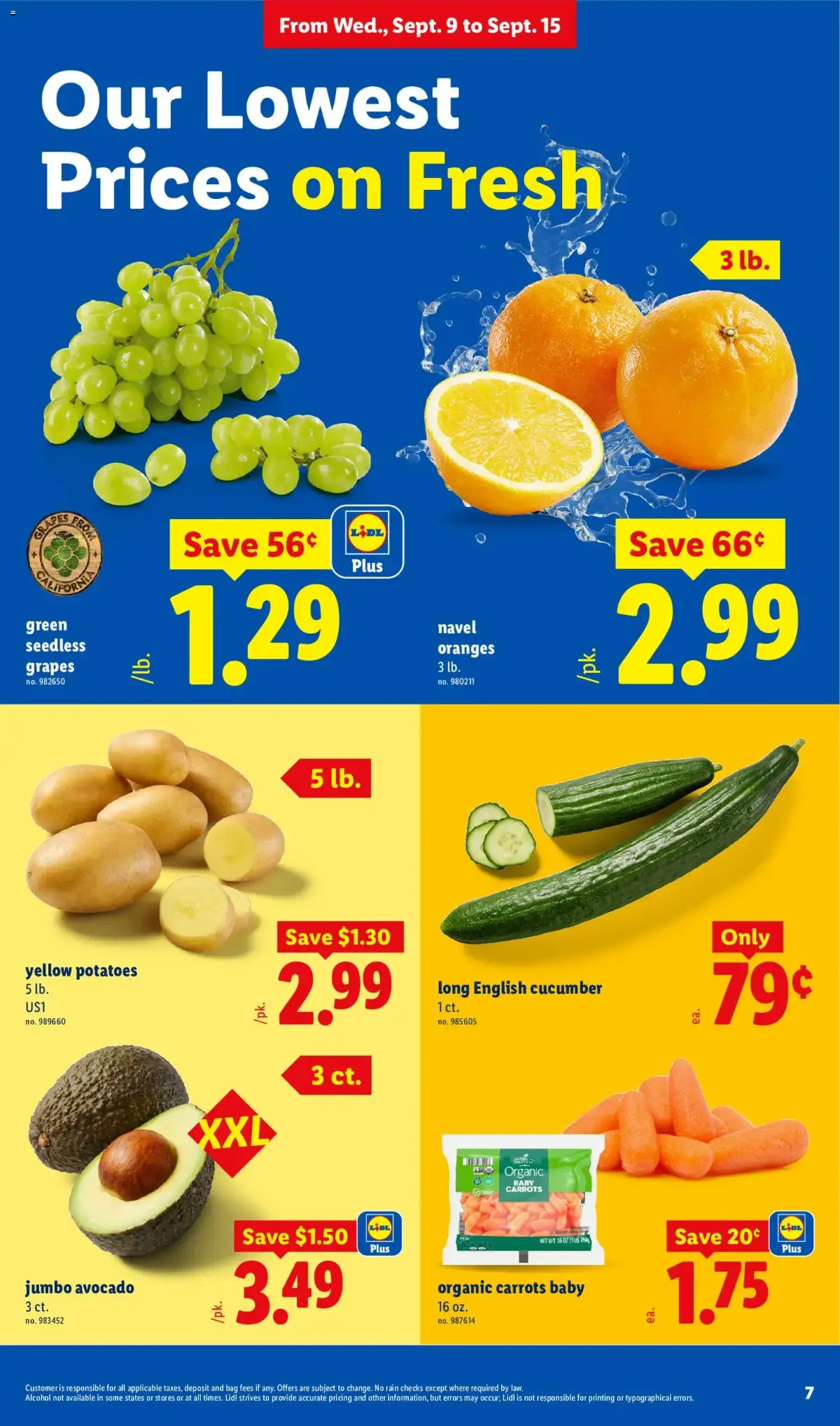 Lidl Weekly Ad, page 7 of 34, valid 09/09/2026 - 09/15/2026 — Organic, Carrots Baby, Yellow Potatoes, English Cucumber