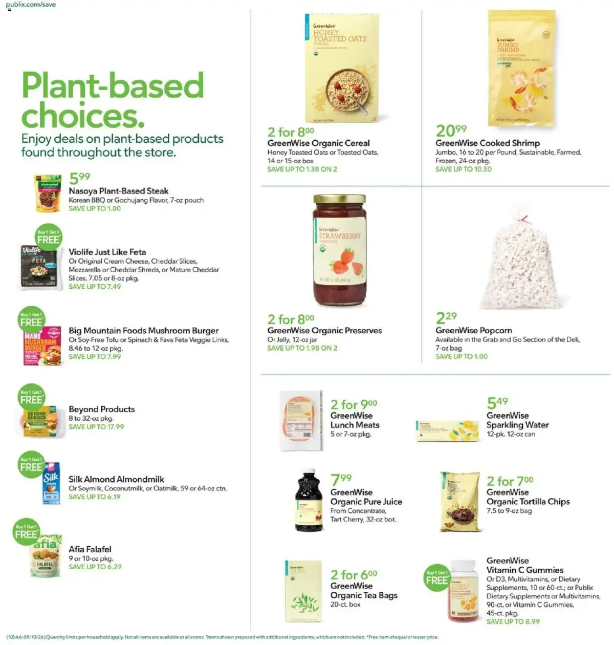 Publix Weekly Ad, page 10 of 20, valid 09/09/2026 - 09/15/2026 — GreenWise, Organic, Pork Bacon, Ground Beef