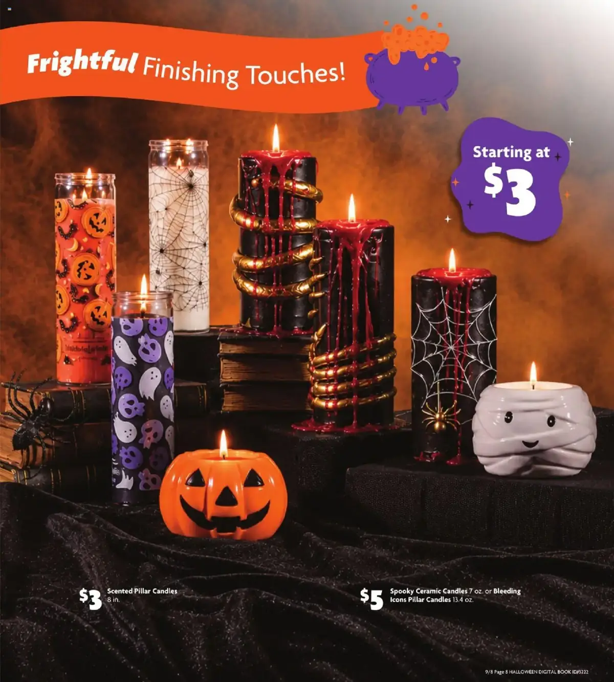 Family Dollar Halloween Book, page 6 of 11, valid 09/08/2026 - 10/31/2026 — Pillar Candles, Candles Bleeding, Finishing Touches, Icons