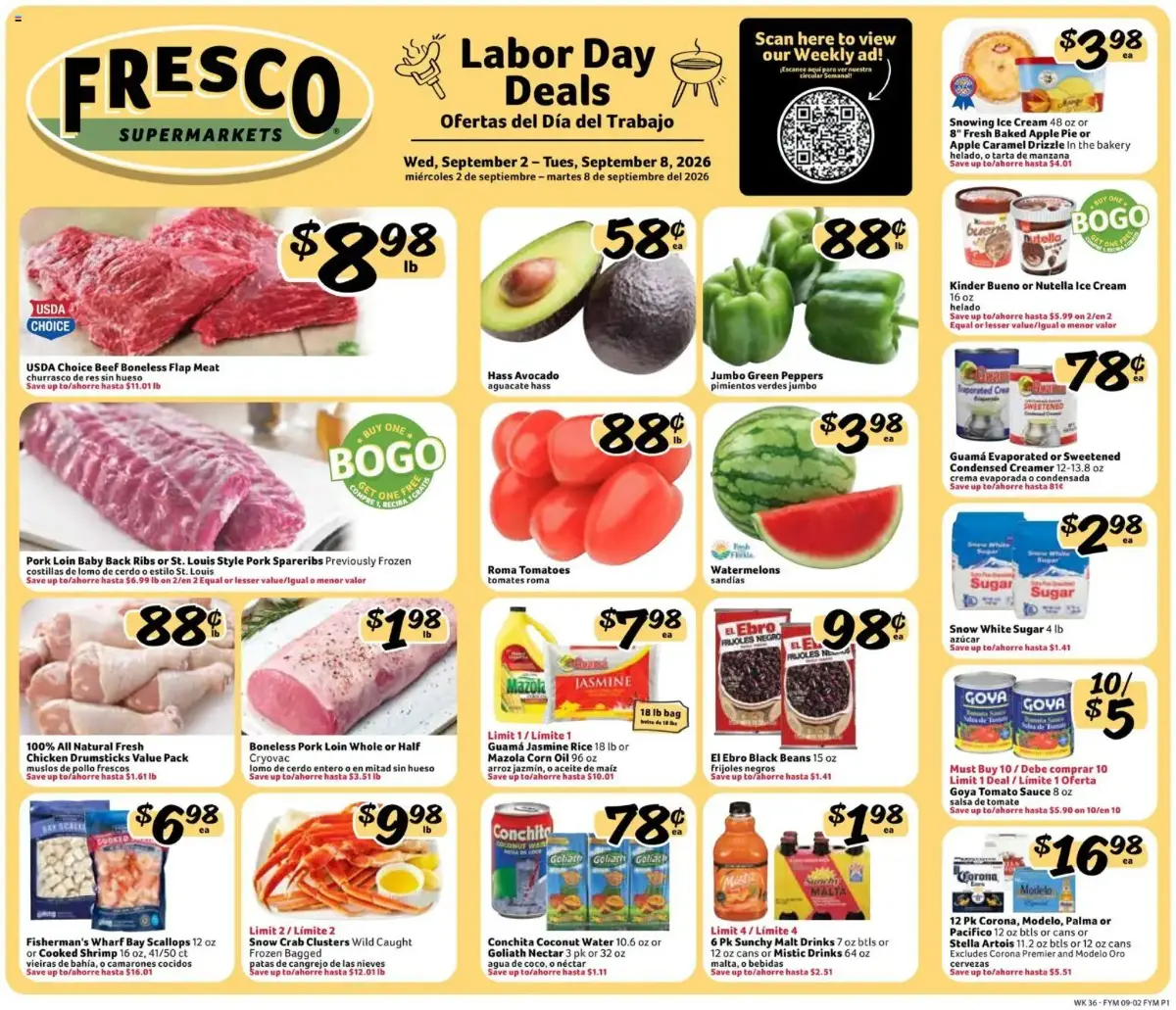 Fresco y Más Weekly Ad, page 1 of 12, valid 09/02/2026 - 09/08/2026 — Guam, Sugar, Corn Oil, Labor Day