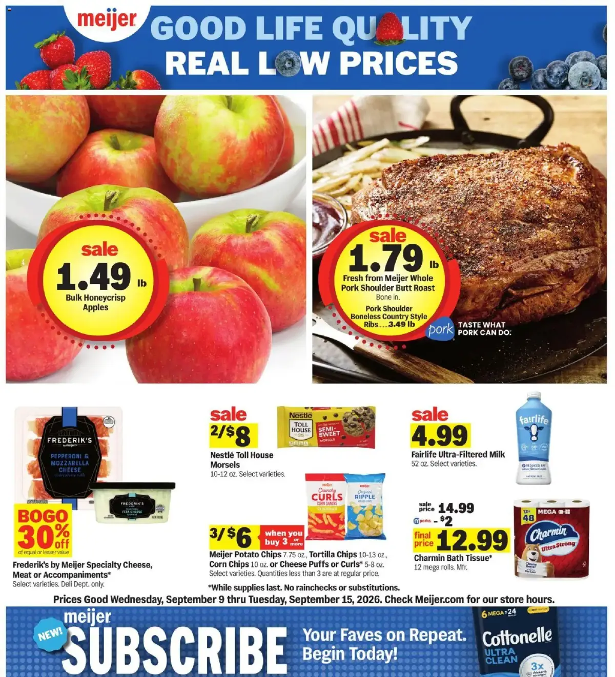 Meijer Weekly Ad, page 1 of 35, valid 09/09/2026 - 09/15/2026 — Charmin, FREDERIK'S, Rolls Mir, Butt Roast