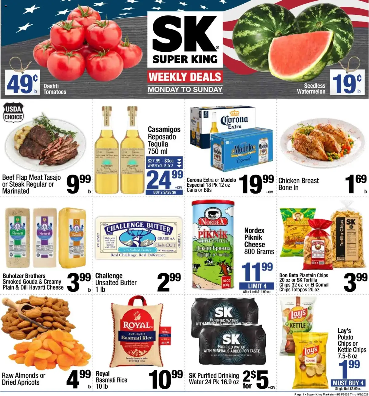 Super King Weekly Ad, page 1 of 9, valid 08/31/2026 - 09/07/2026 — Purified Water, Royal, Chef Cut, Raw Almonds