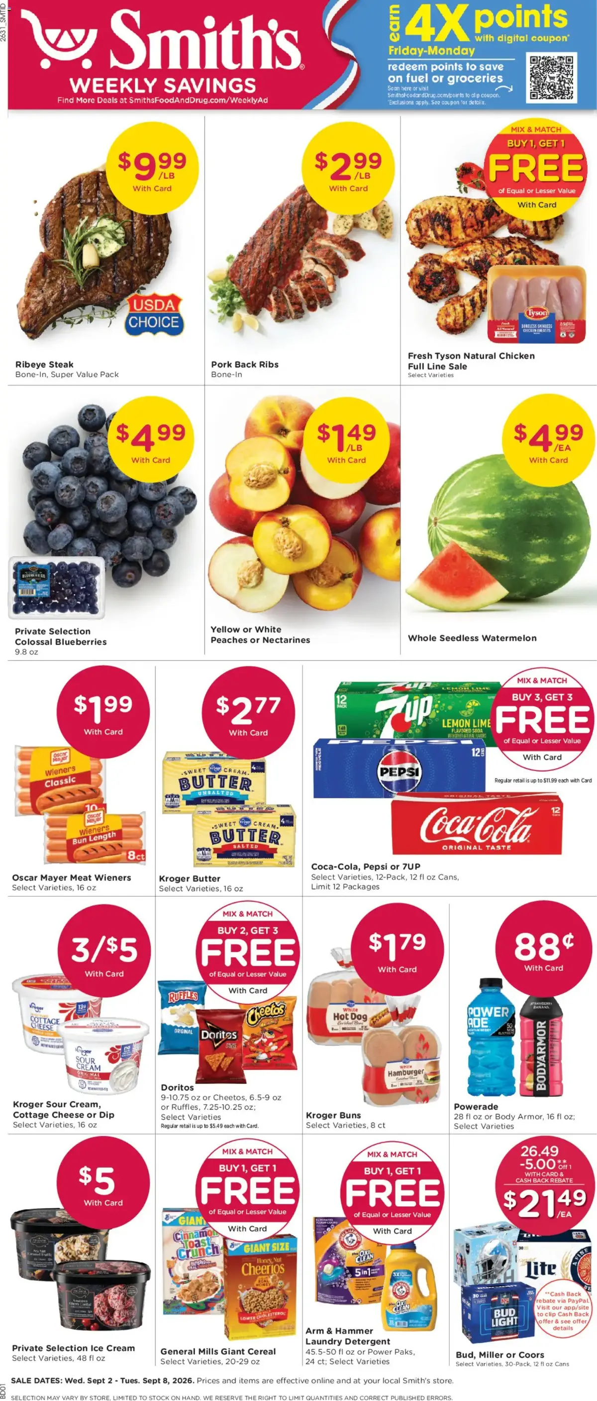 Smith's Weekly Ad, page 1 of 12, valid 09/02/2026 - 09/08/2026 — Butter, Witn Care, Pen Cream, Sour Cream