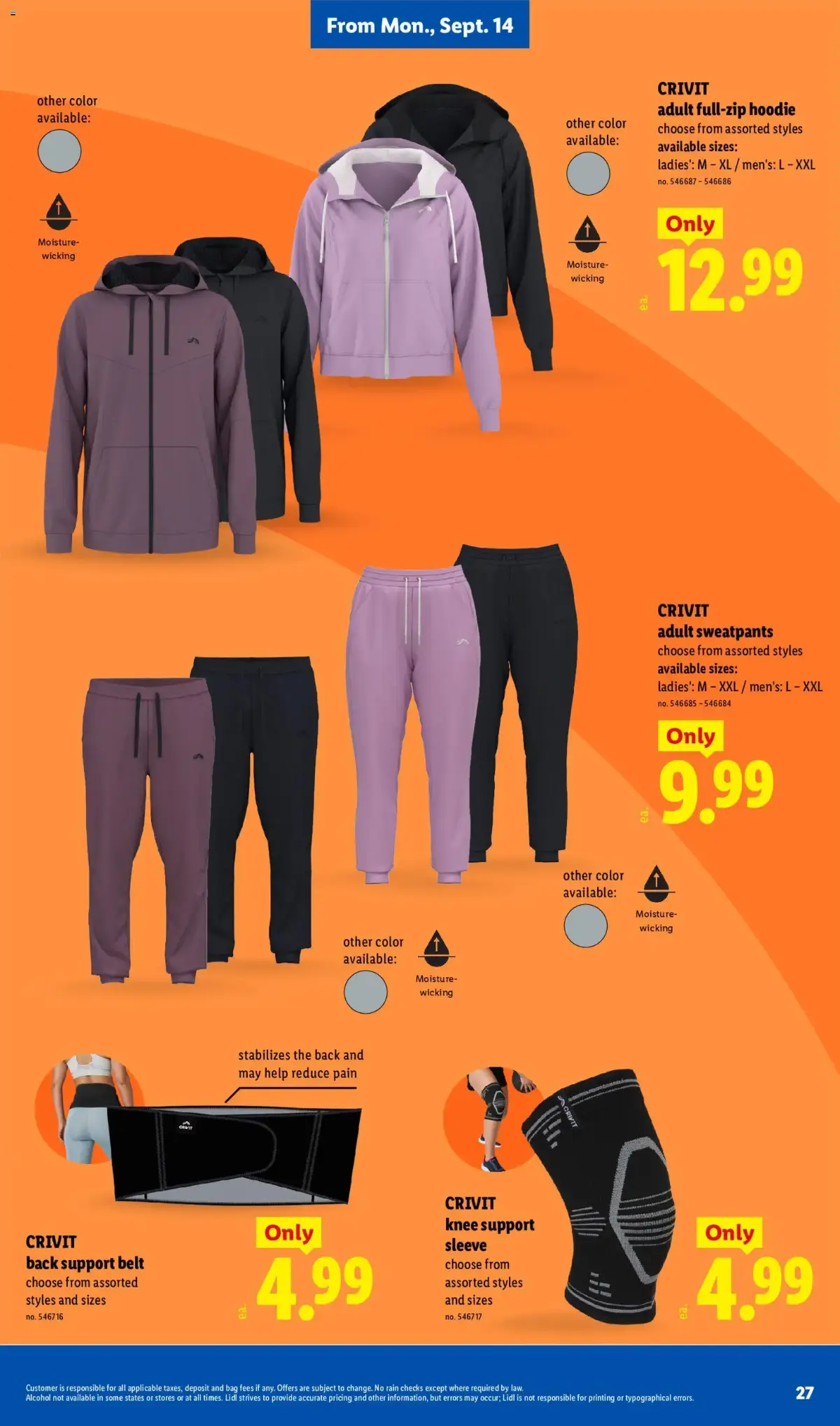 Lidl Weekly Ad, page 27 of 34, valid 09/09/2026 - 09/15/2026 — Wicking, Knee Support, Full-zip Hoodie, Adult Sweatpants