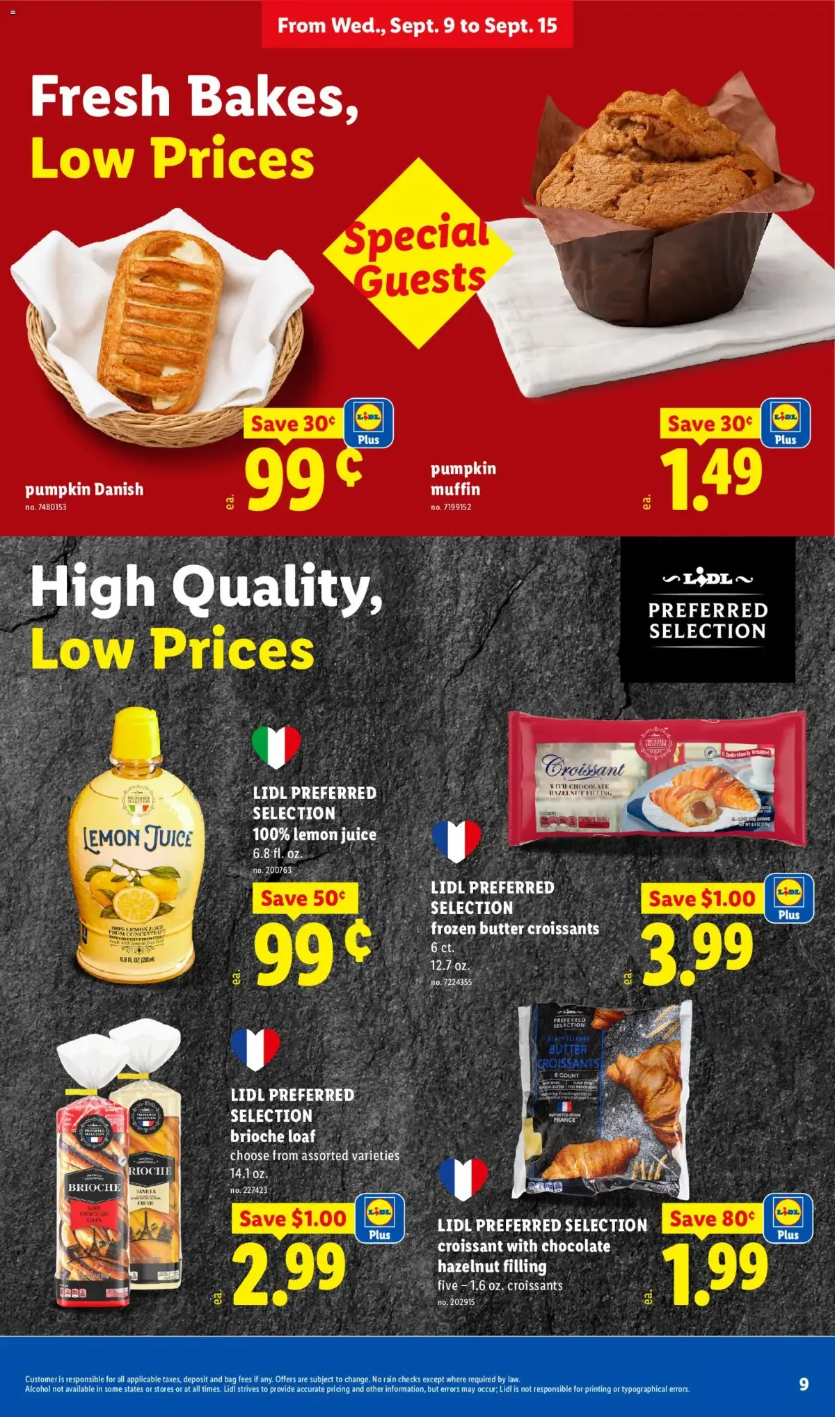 Lidl Weekly Ad, page 9 of 34, valid 09/09/2026 - 09/15/2026 — Lemon Juice, High Quality, Brioche Loaf, Pumpkin Danish
