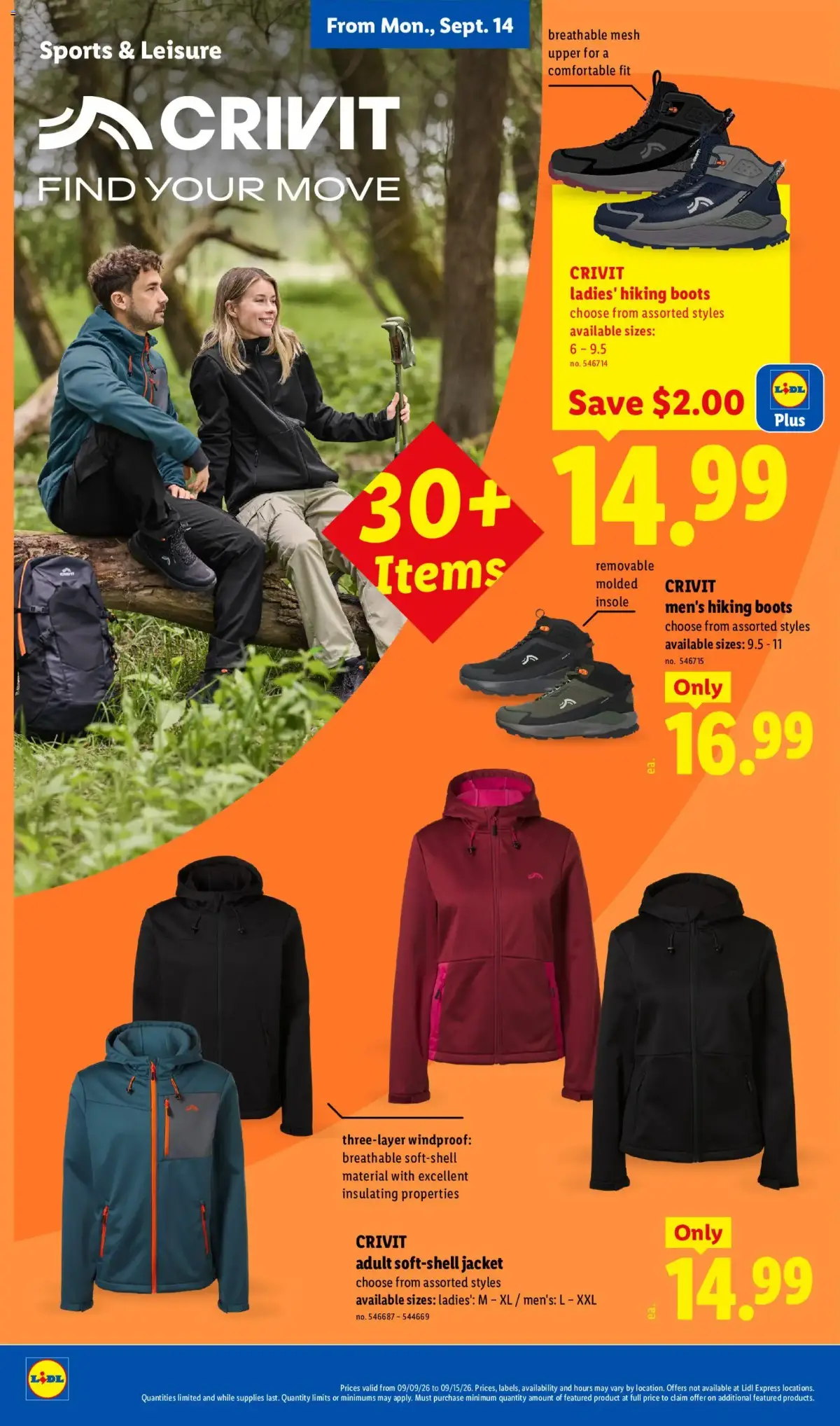 Lidl Weekly Ad, page 26 of 34, valid 09/09/2026 - 09/15/2026 — Hiking Boots, Sports Leisure, Breathable Mesh, Comfortable Fit