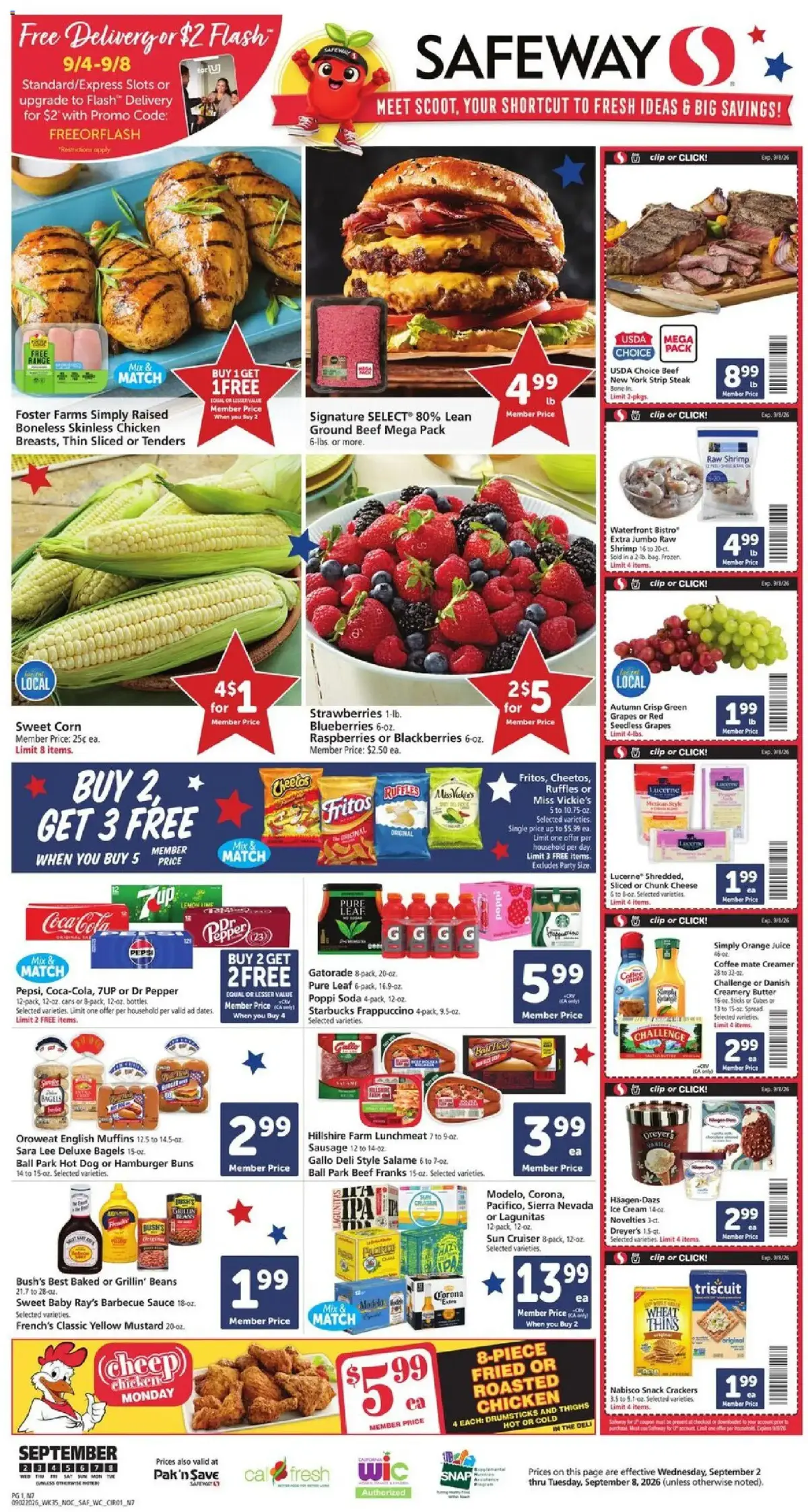 Safeway Weekly Ad, page 1 of 10, valid 09/02/2026 - 09/08/2026 — Clip Click, Hot Cold, Jumbo Raw, Ice Cream
