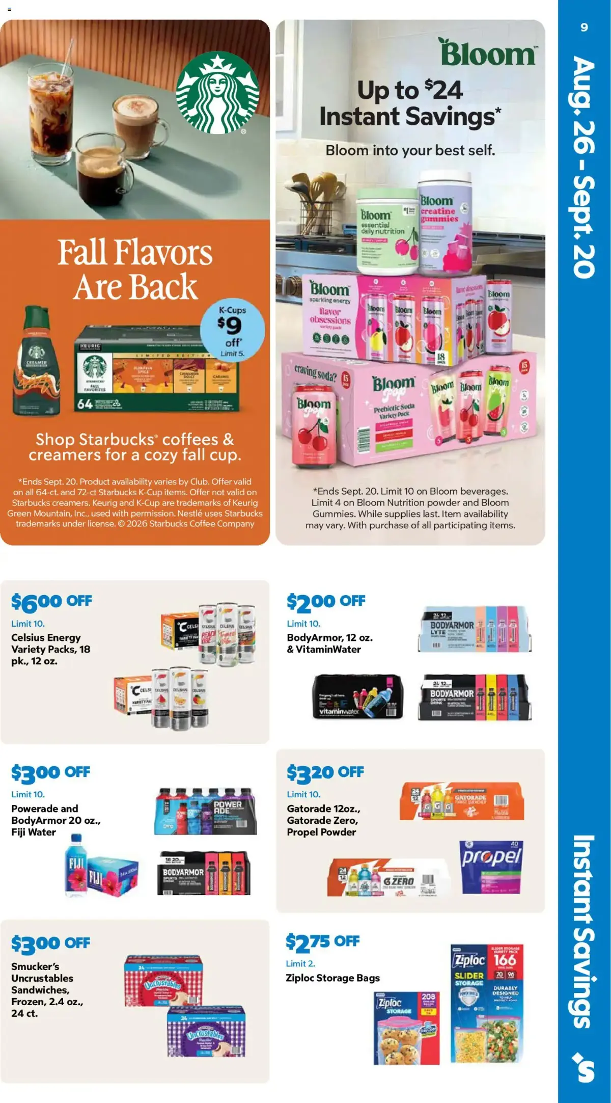 Sam's Club Weekly Ad, page 9 of 44, valid 08/26/2026 - 09/20/2026 — Bloom, Aug Sept, Fiji Water, Craving Soda